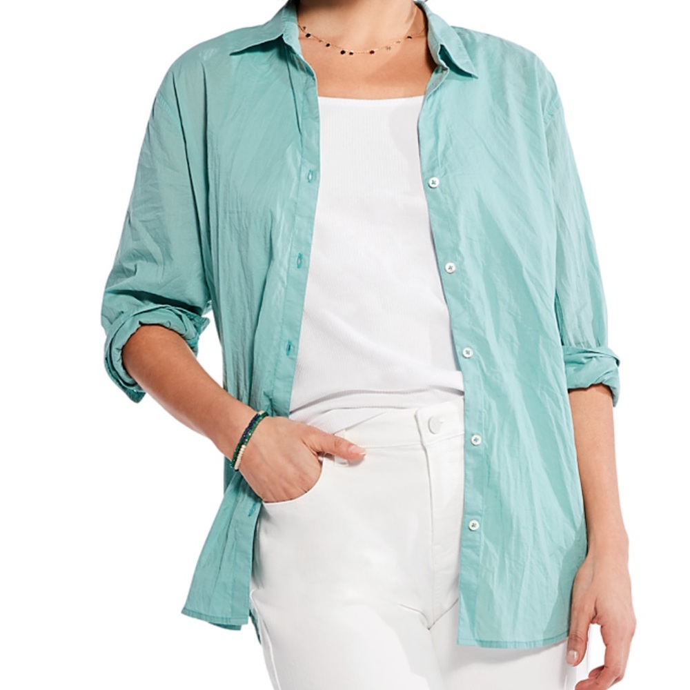 NIC+ZOE Cotton Boyfriend Button Down Shirt – Hazy Aqua – Relaxed Fit - Large